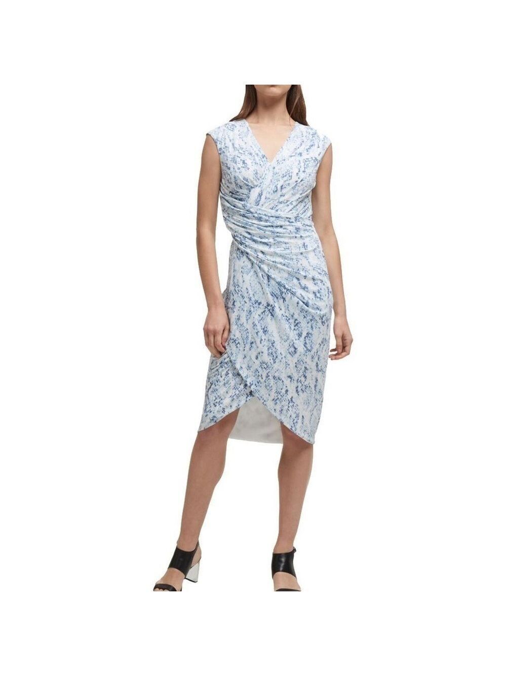 DKNY Blue & White Surplice Sleeveless Ruched Tulip Hem Cocktail Dress, 12